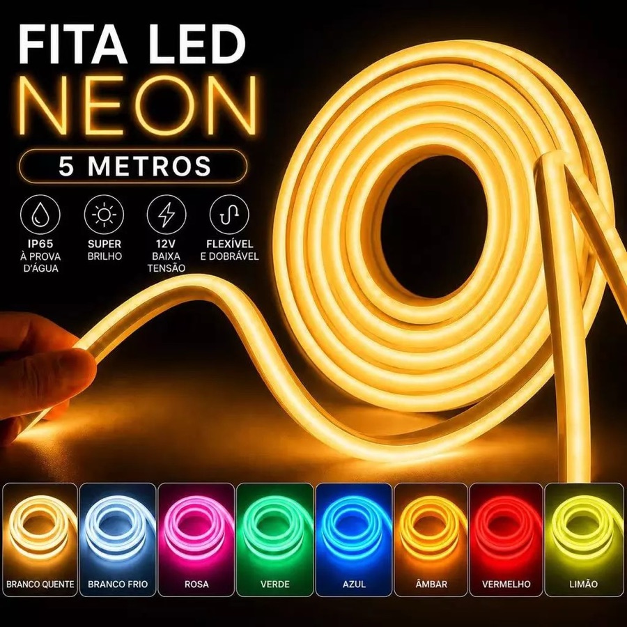 Fita de LED Mangueira Neon 5 Metros IP65 Flexível Com ou Sem Fonte  8 Cores