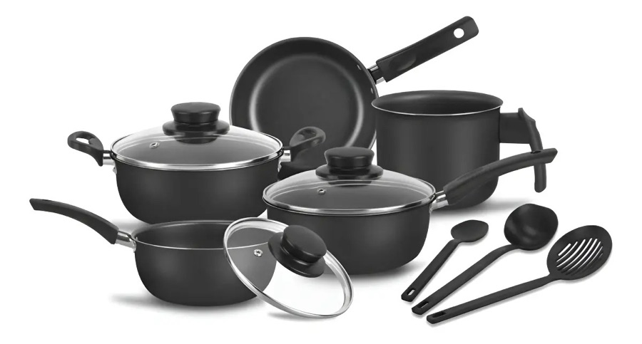Jogo De Panelas Antiaderente Decorada Teflon Com Tampa Cor Preto/preto
