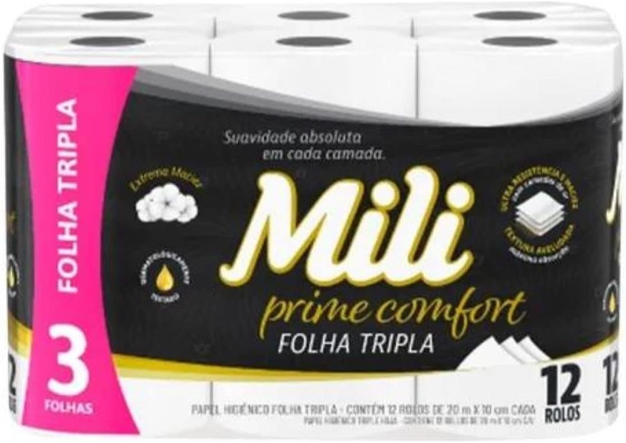 Mili Papel Higiênico Folha Tripla Prime Comfort, Picotado e Texturizado, 12 Rolos de 20 metros