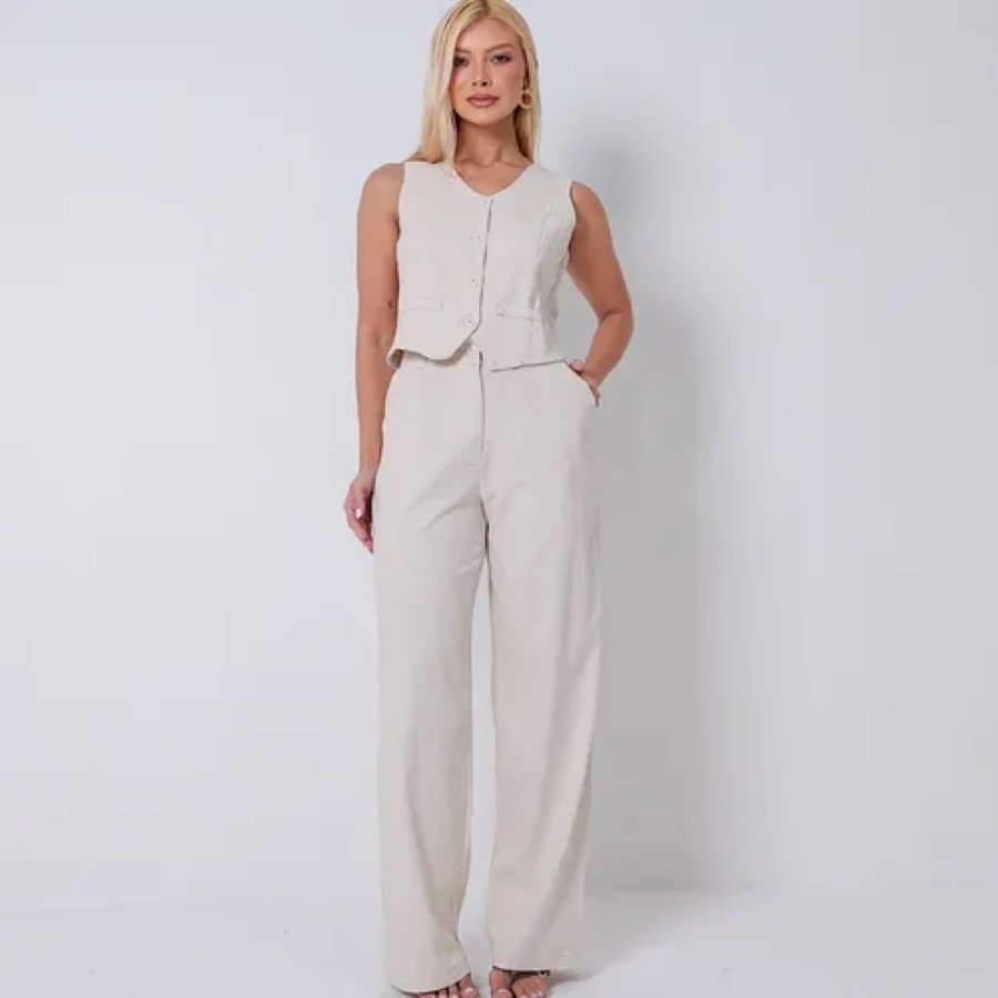 Conjunto Feminino Calça Pantalona E Colete Em Linho Social
