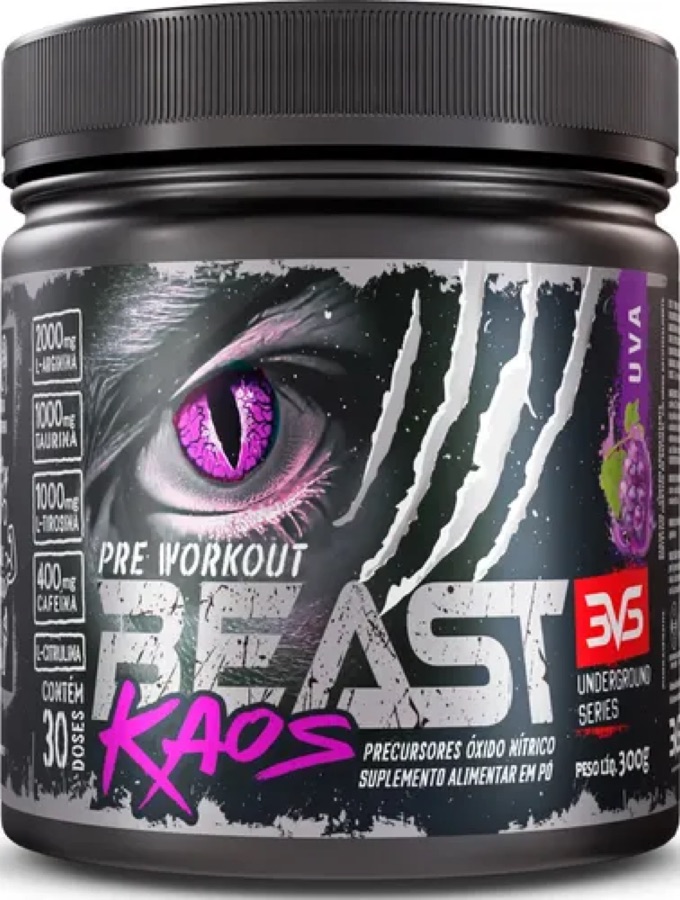 PRÉ TREINO BEAST KAOS 300g - Sabor Uva - Extra Forte com Citrulina, Beta Alanina, Cafeína, Arginina, Taurina e Tirosina