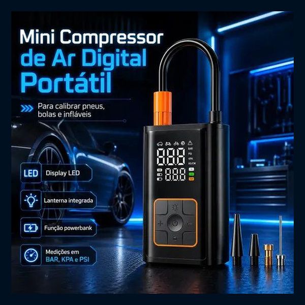 Mini Compressor Digital Portátil Bomba De Encher Pneus Bola Inflável Para Carro Moto Bicicleta Com Calibrador De Ar Preto