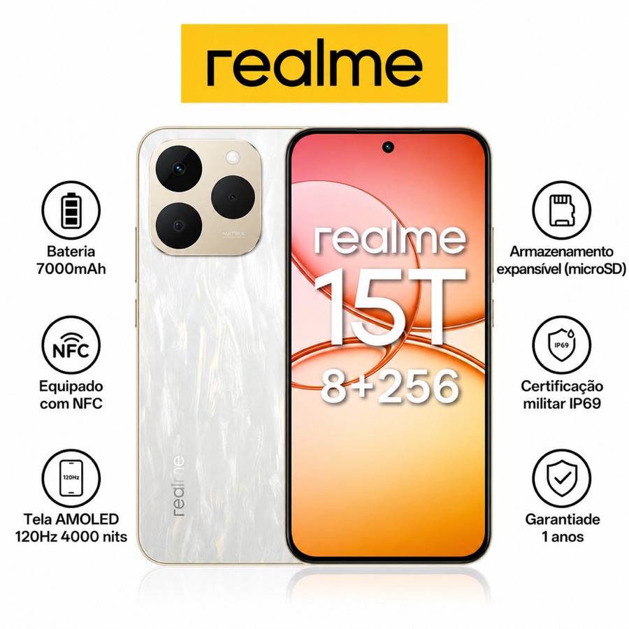 Celular realme 15T 5G Smartphone 8+256 GB 2ANOS E IA GARANTIA Original Versão Global Bateria 6550mAh Câmera 50MP NFC Tel