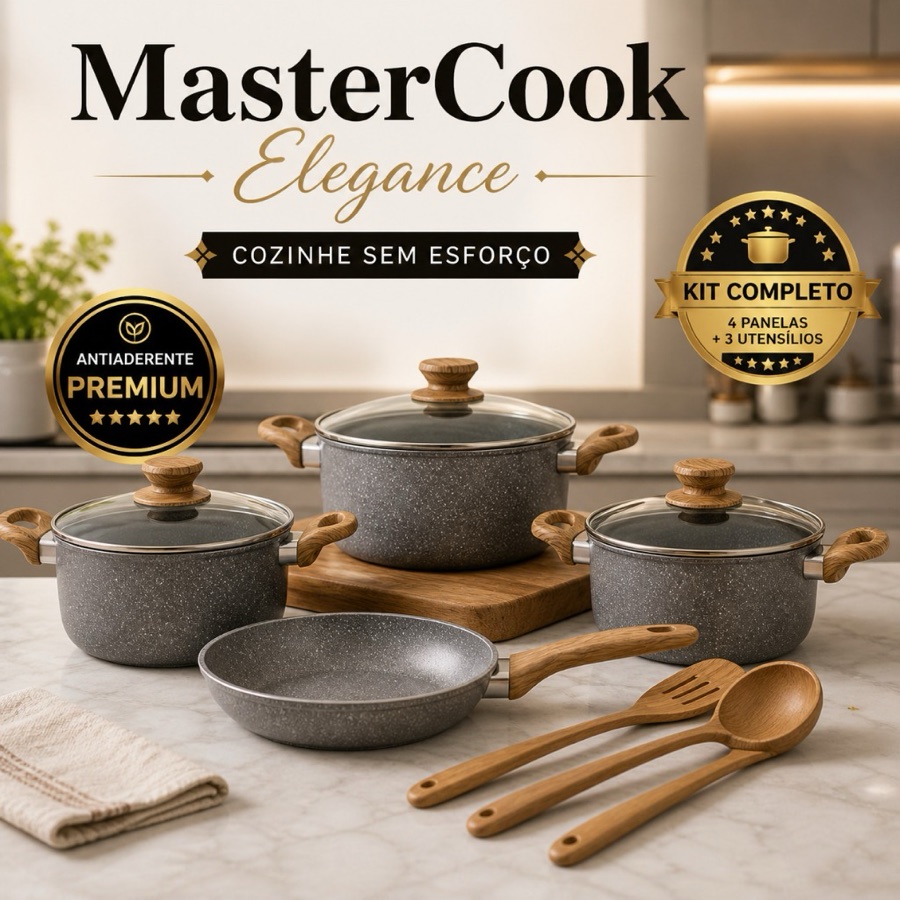 Kit Panelas Antiaderente 4 Peças + Utensílios Cozinha Completo MasterCook Elegance Set Revestimento Premium Fácil Limpez