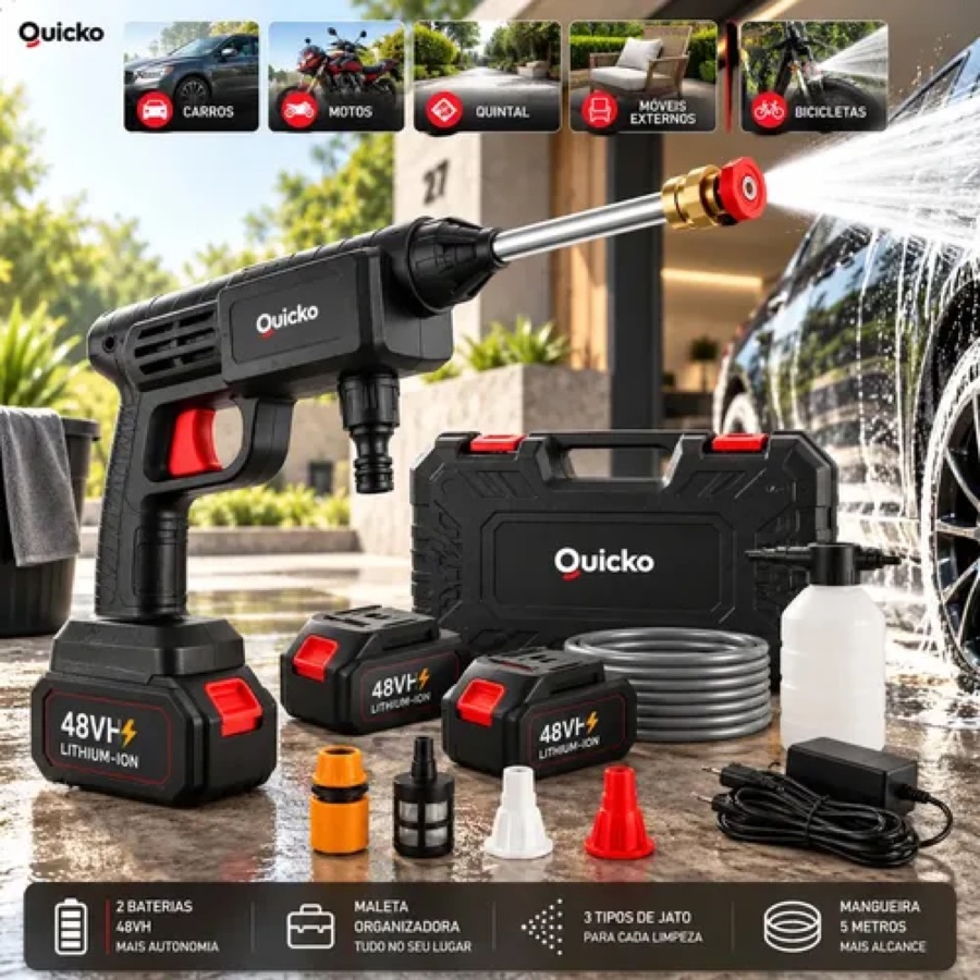 Lavadora De Alta Pressão Vap Portátil Sem Fio Bateria Lava Jato Elétrica Recarregável P/ Lavar Carro Moto Quintal C/ 2 Baterias Quicko Bico 