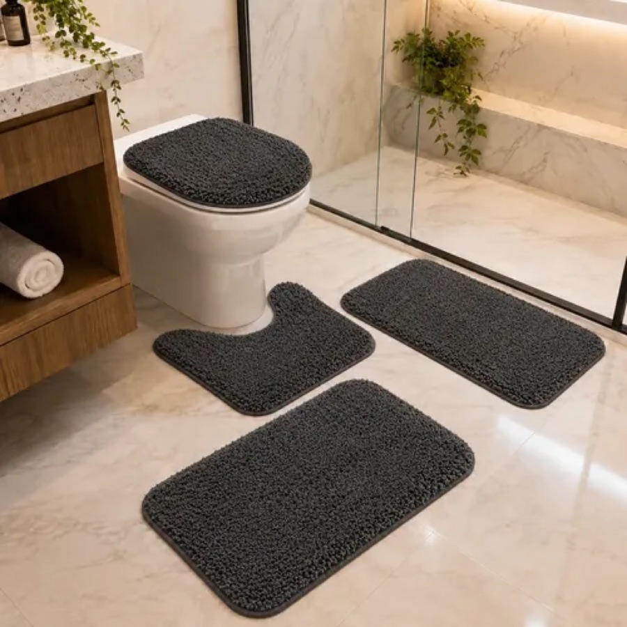Conjunto Banheiro 4 Peças Tapete Preto Jogo Banheiro Oferta!