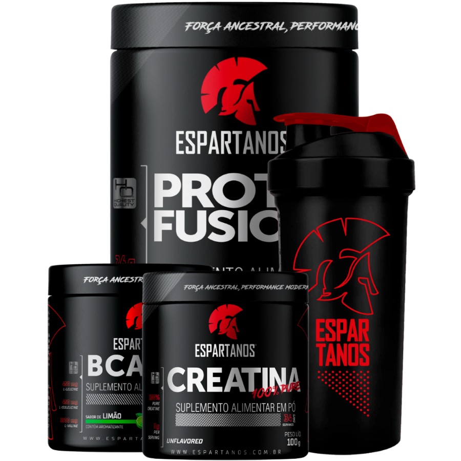 Kit Whey Protein Fusion + BCAA + Creatina + Shaker - Espartanos