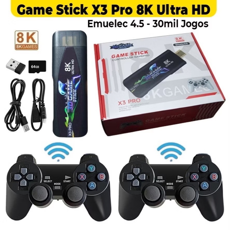 Console X3 Pro Ultra HD 8K 64GB EmuELEC 4.5 com 30 Mil Jogos Retrô e 2 Controles Sem Fio