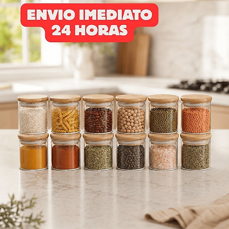 Kit 12/6 Potes de Vidro 200ml com Tampa de Bambu Hermético Mantimentos Condimentos Empilhaveis