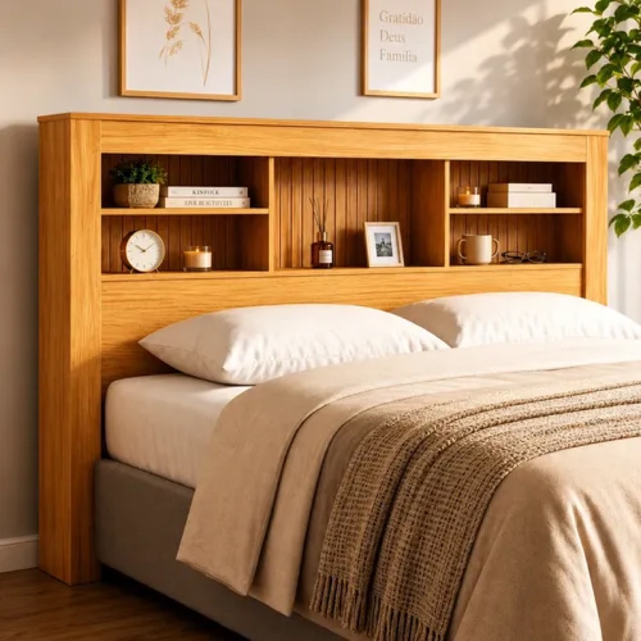Cabeceira Casal P/ Cama Box C/ Prateleiras Nichos Elegante Nature Ripado