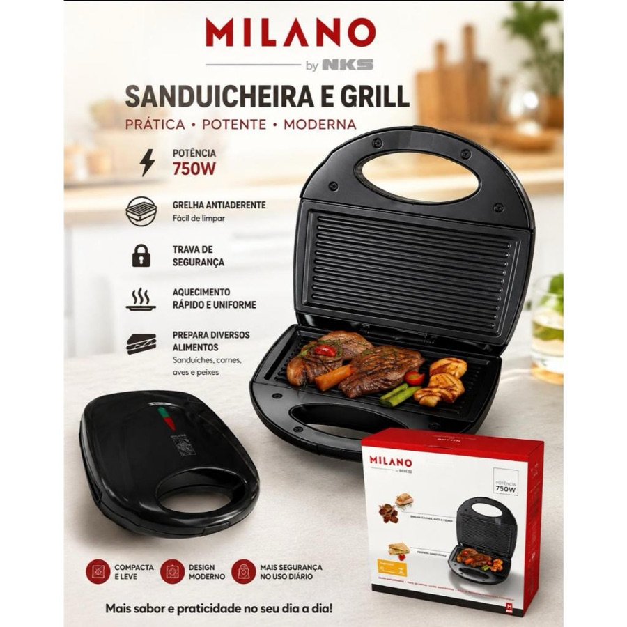 Sanduicheira Grill Elétrica Antiaderente Multifuncional 110V Ou 220V 750 Watts
