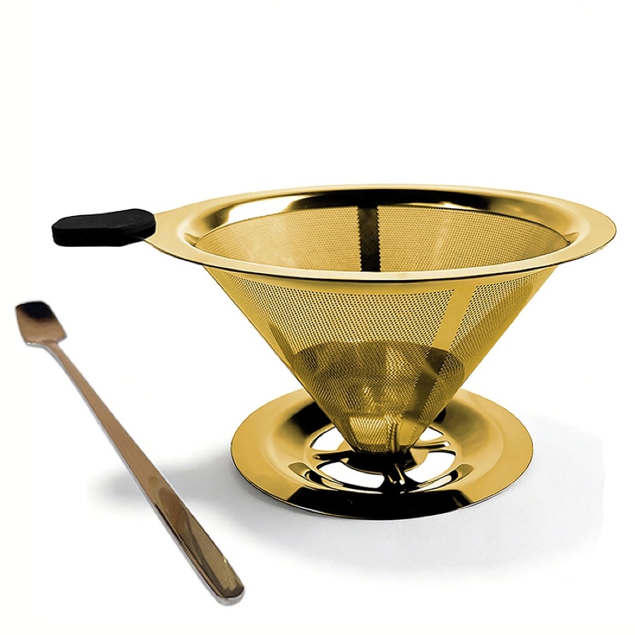 Dourado 103 Filtro de Café Inox Aço 304 Reutilizável para Coador Não Precisa Papel com Pegador Silicone Pour Over