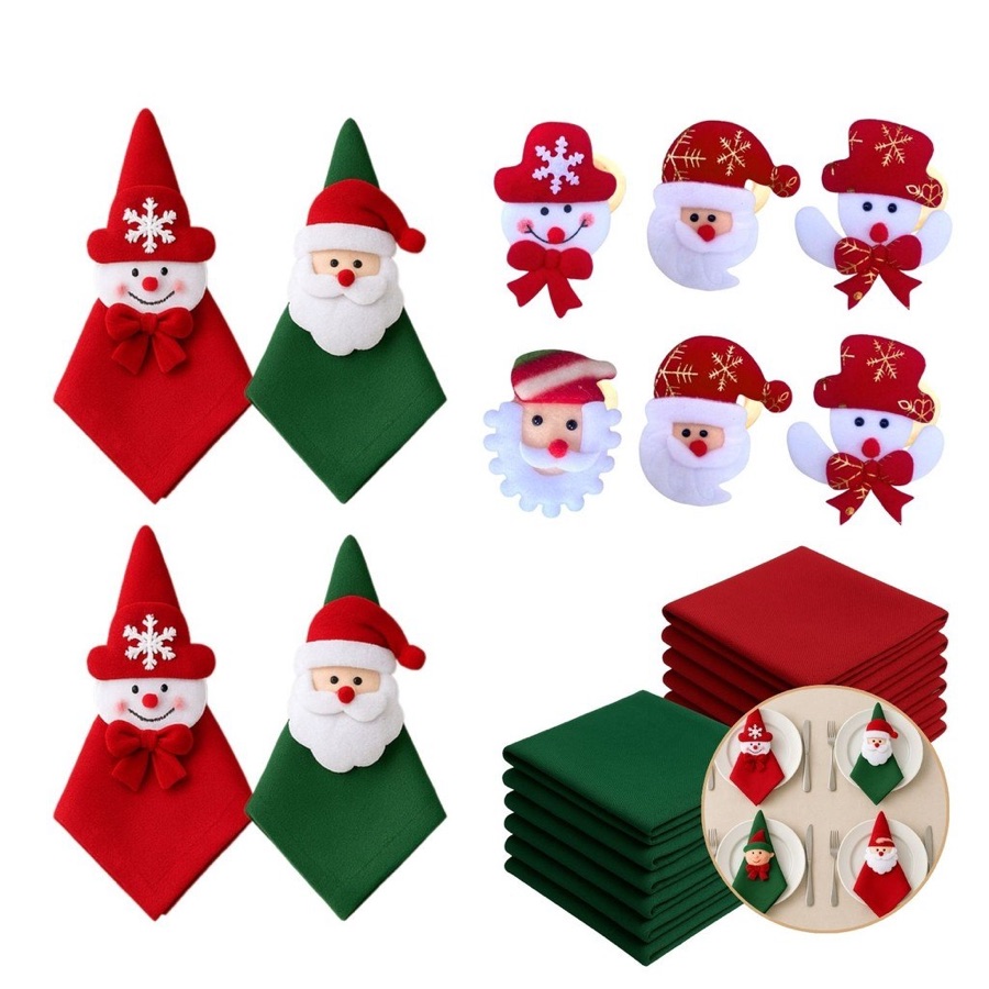 Kit com 4/8 Guardanapo + Argola Anel de Guardanapo Decorativo Mesa Posta Natal