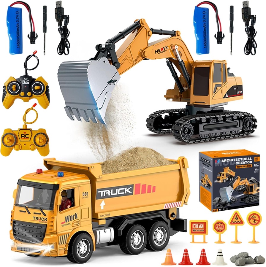 Escavadeira Carros de Controle Remoto, Caminhão de Construção de RC, Escavadeira, Brinquedo 2 em 1 com Luzes, Escala 1:20, 2.4GHz com 2 Bate