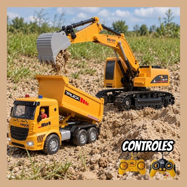 Escavadeira Carros de Controle Remoto, Caminhão de Construção de RC, Escavadeira, Brinquedo 2 em 1 com Luzes, Escala 1:20, 2.4GHz com 2 Bate