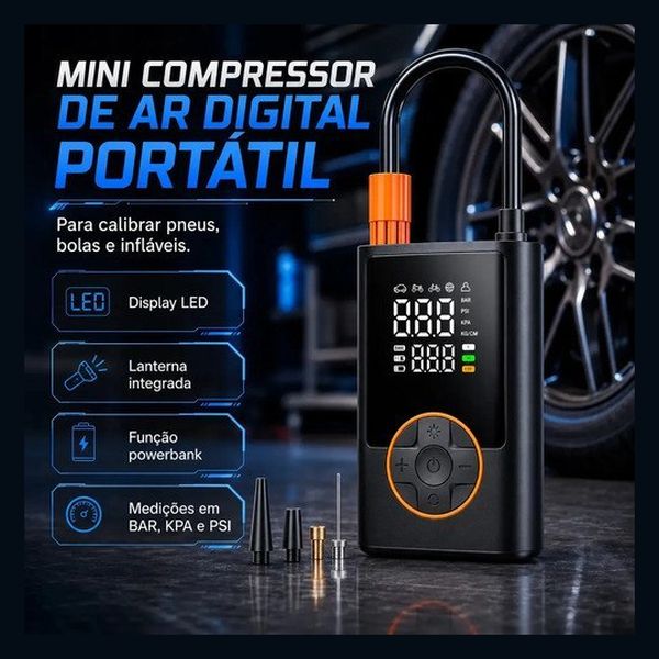 Compressor Portátil Car Air Pump Digital Com Visor Para Carro Moto Bike Calibrador De Pneu Multifuncional