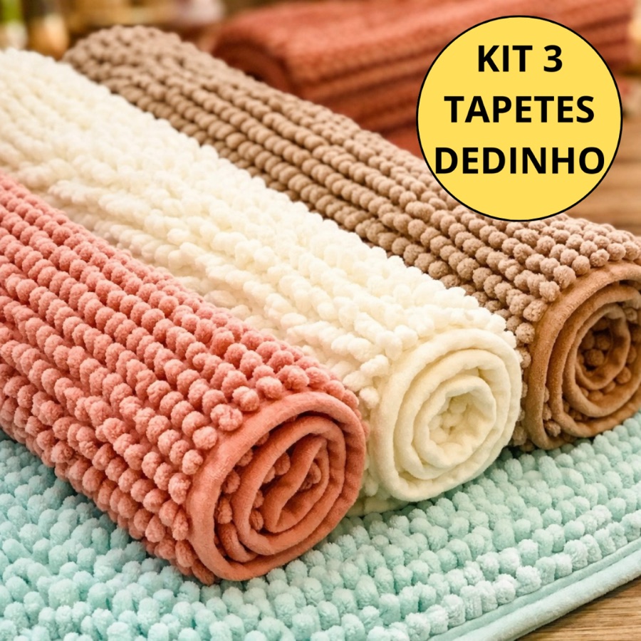 Kit 3 Tapete Bolinha Dedinho de Banheiro Antiderrapante Toque Suave Macio