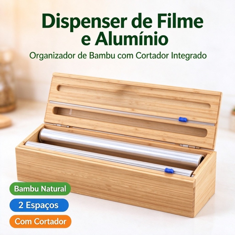 Porta Rolo Duplo Organizador Bambu Papel Alumínio Filme PVC Cortador Dispenser Cozinha Suporte