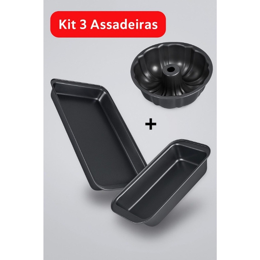 Kit 3 Assadeiras Formas Antiaderente Teflon Pretas Para Bolo Pão Pudim Leve Mais Por Menos