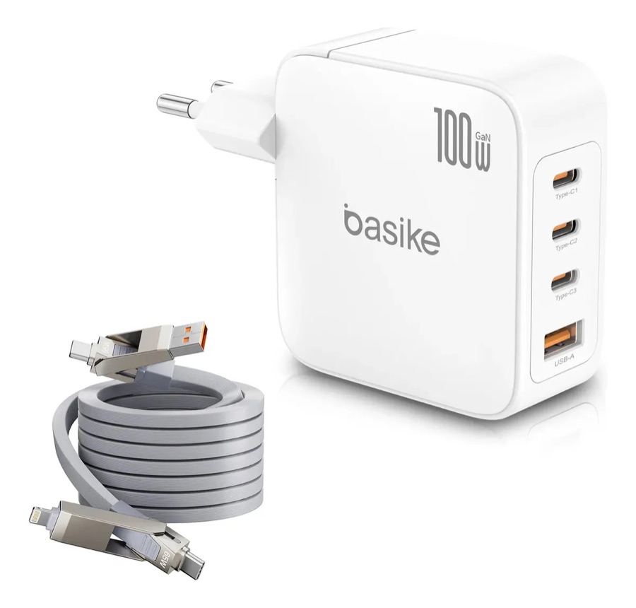 Carregador de Parede Basike 100W Turbo GaN com 3 USB-C e 1 USB-A, e Cabo de Dados 4 em 1
