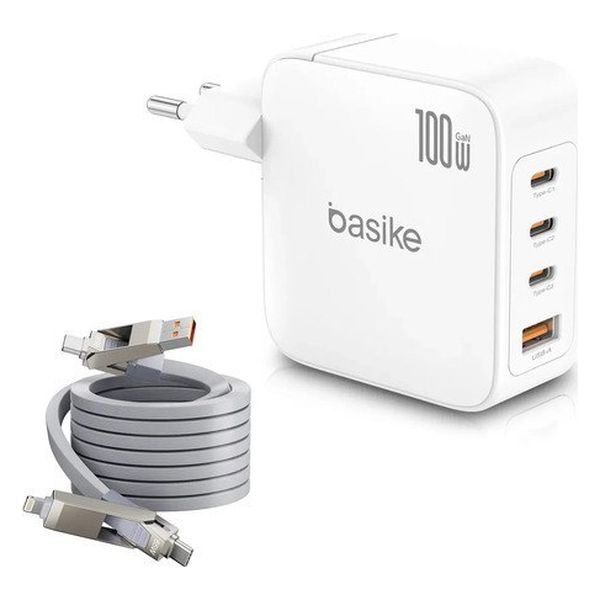 Carregador de Parede Basike 100W Turbo GaN com 3 USB-C e 1 USB-A, e Cabo de Dados 4 em 1