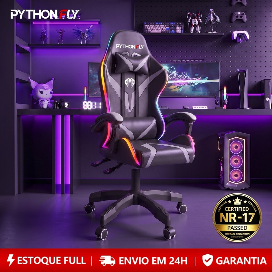 Cadeira Gamer Reclinável RGB LED com Controle, Ergonômica, Giratória, Suporta 150kg, Estofado PU  Reclinável Estofado