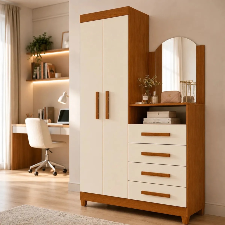 Cômoda Gaveteiro Organizador Albatroz Capri Luxo Com Espelho Quarto 2 Portas 4 Gavetas Cor Cinamomo/off White