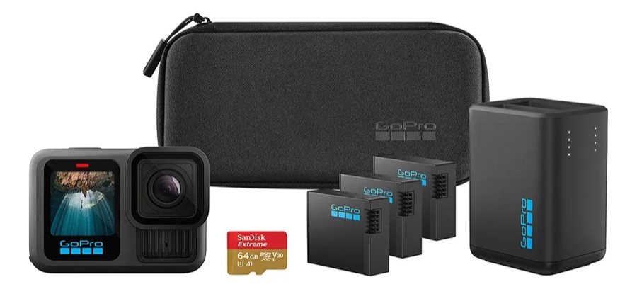 GoPro HERO13 Black Power Bundle - Kit com Câmera de Ação à Prova d'água 10m, 5.3K60, 27MP e Carregador duplo com Baterias, estojo e Cartão d