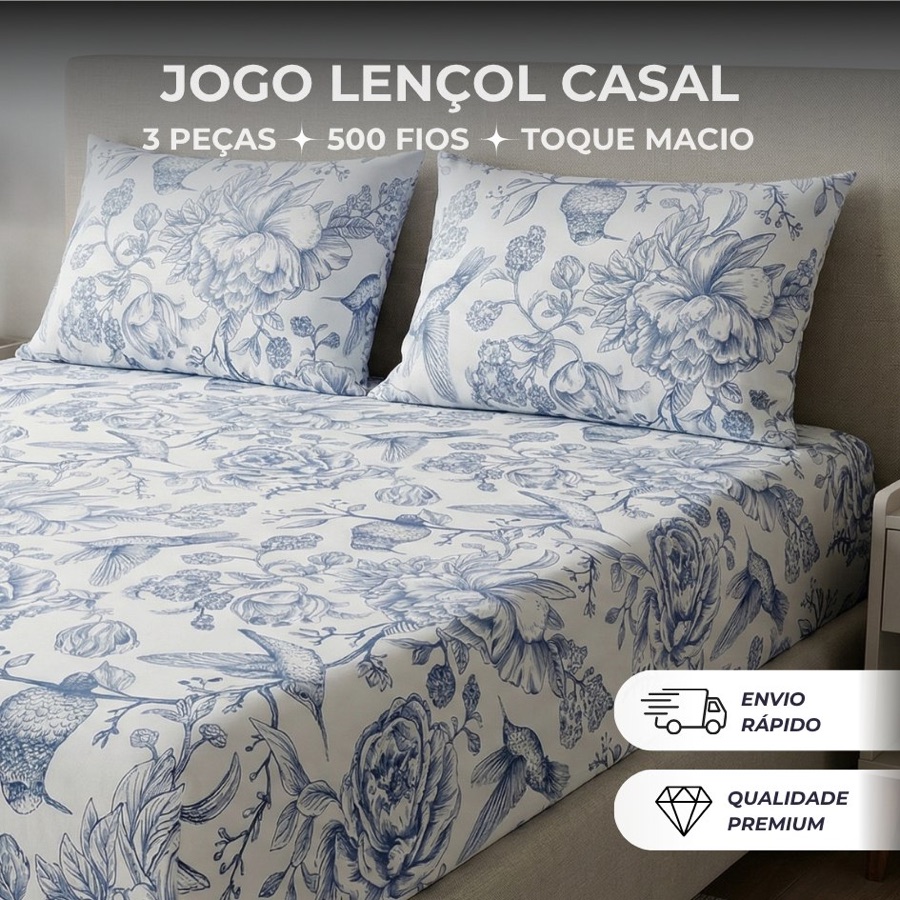 Jogo de Lençol Estampado 3 Peças 500 Fios Micro Percal Penteado Cama Solteiro Casal Queen King Macio