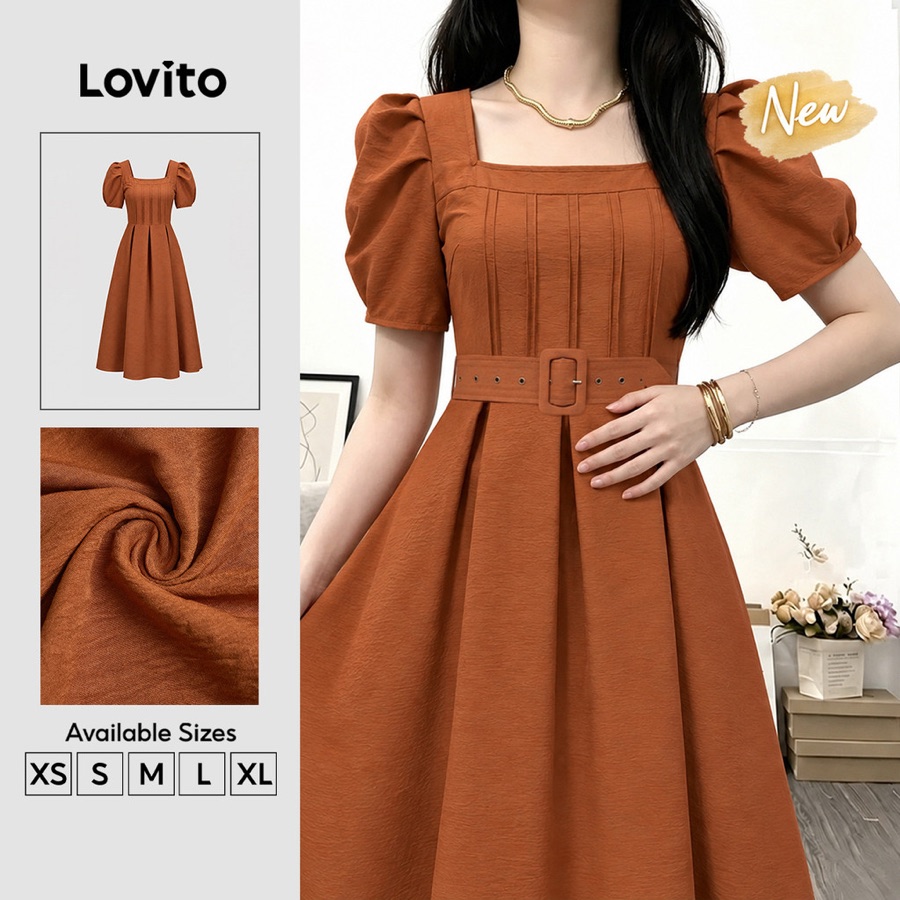 (New Arrival) Lovito Vestido Feminino Laranja Elegante Longo E Plissado De Corte Evasê Para Trabalho Primavera/verão DRK10P1D1126