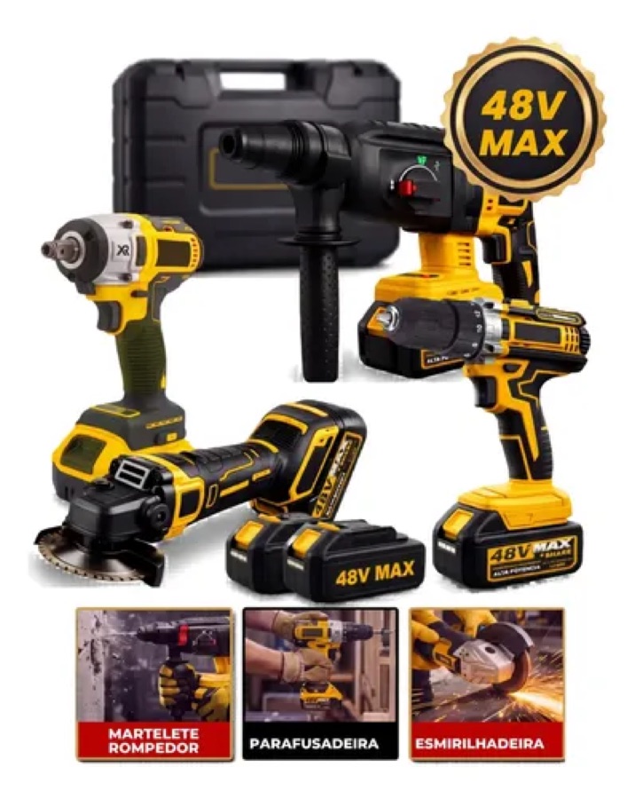 Kit Multi ferramentas 4 Em 1 48V Sem Fio Com 2 Baterias Furadeira Parafusadeira Martelete Esmerilhadeira Chave De Impacto Com Maleta Alta Po