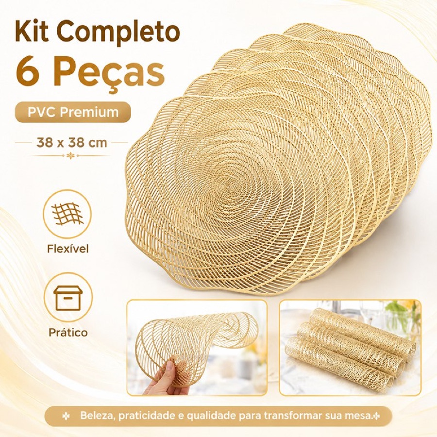 Kit 6 Jogo Americano Sousplat PVC Redondo Dourado Para Mesa de Cozinha Sala de Jantar