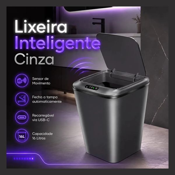 Lixeira Inteligente Sensor Automático 16l Cinza Smart Recarregável Para Banheiro E Cozinha