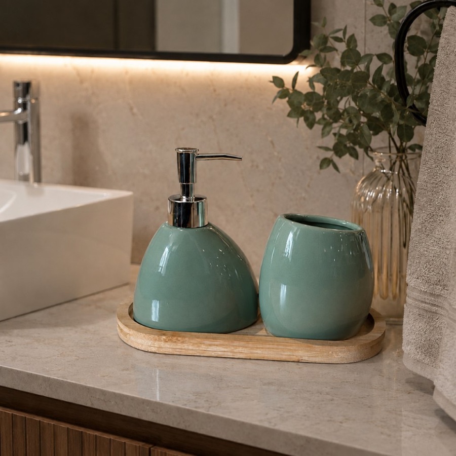 Kit Banheiro Lavabo 2 Peças + Bandeja de Bambu Porta Sabonete Líquido Suporte p/Escovas Em Cerâmica