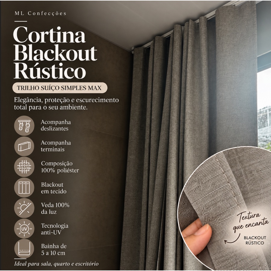 Cortina Blackout Rustico Corta Luz 100% Bloqueio 4m x 2,40/ 2,50/ 2,60/ 2,80 para Trilho Simples Max