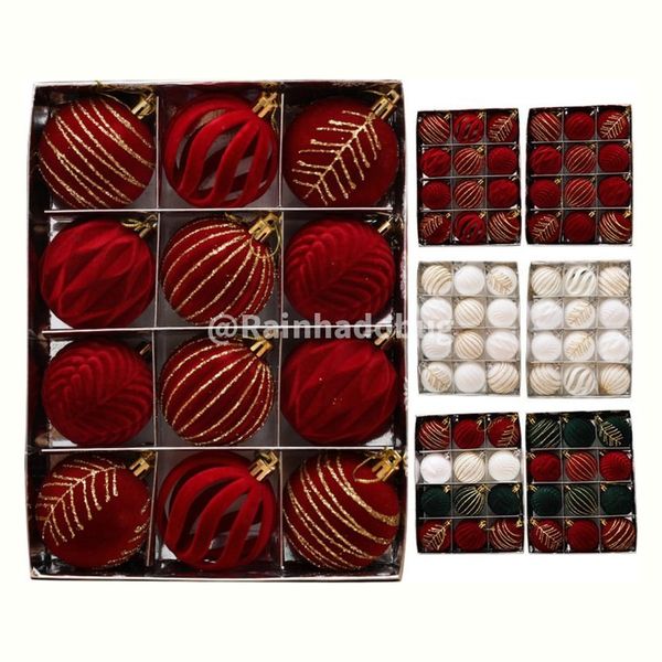 12pçs Bolas De Natal De Veludo , Enfeites De Árvore Flocados Entrega Para Decoração De Feriado