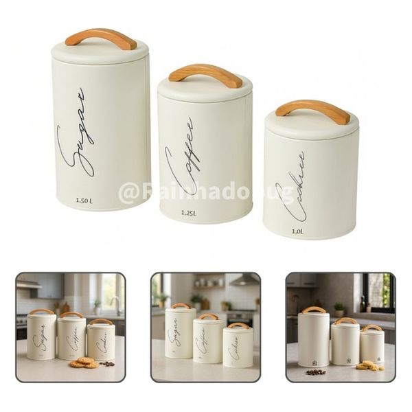 Kit 3 Potes Herméticos Mantimentos Lata Com Tampa E Alça Em Bambu Açúcar Café E Cookies