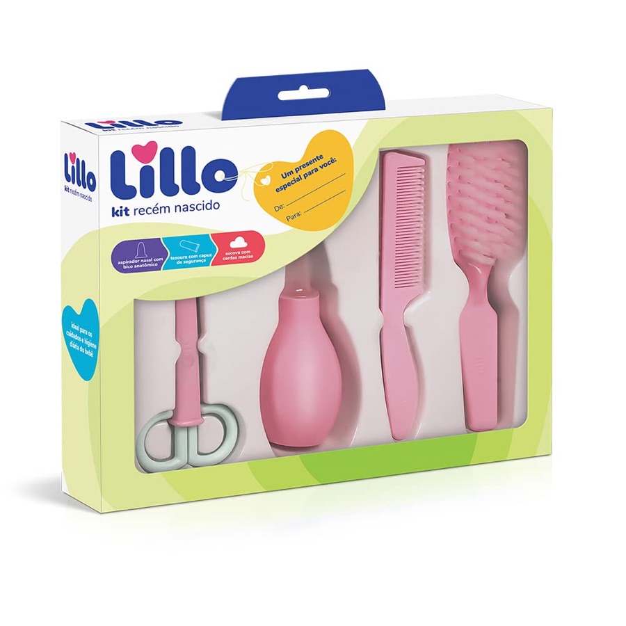 Lillo Kit De Higiene Para Recém Nascido com Aspirador Nasal, Tesoura, Pente e Escova de Cabelo, Rosa