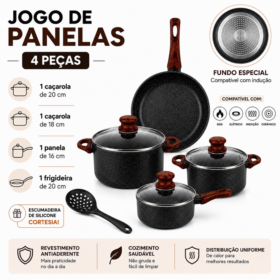 Jogo de Panelas 4 Peças Cerâmica Indução Antiaderente