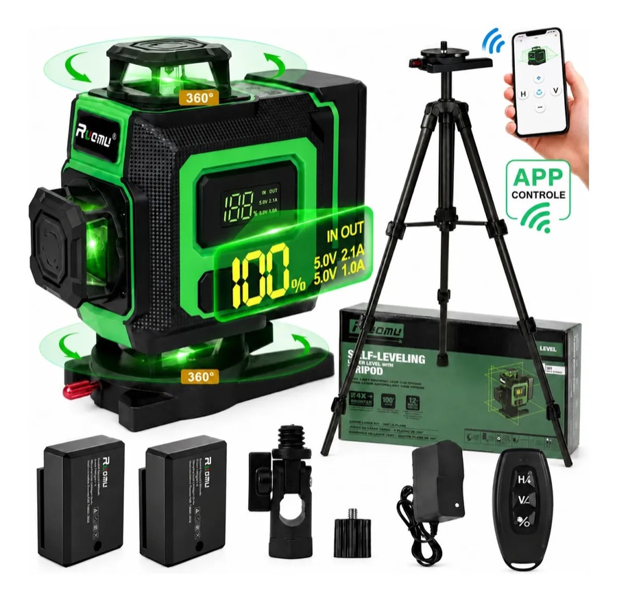 Nível A Laser Verde 16 Linhas + Tripé + 2 Baterias