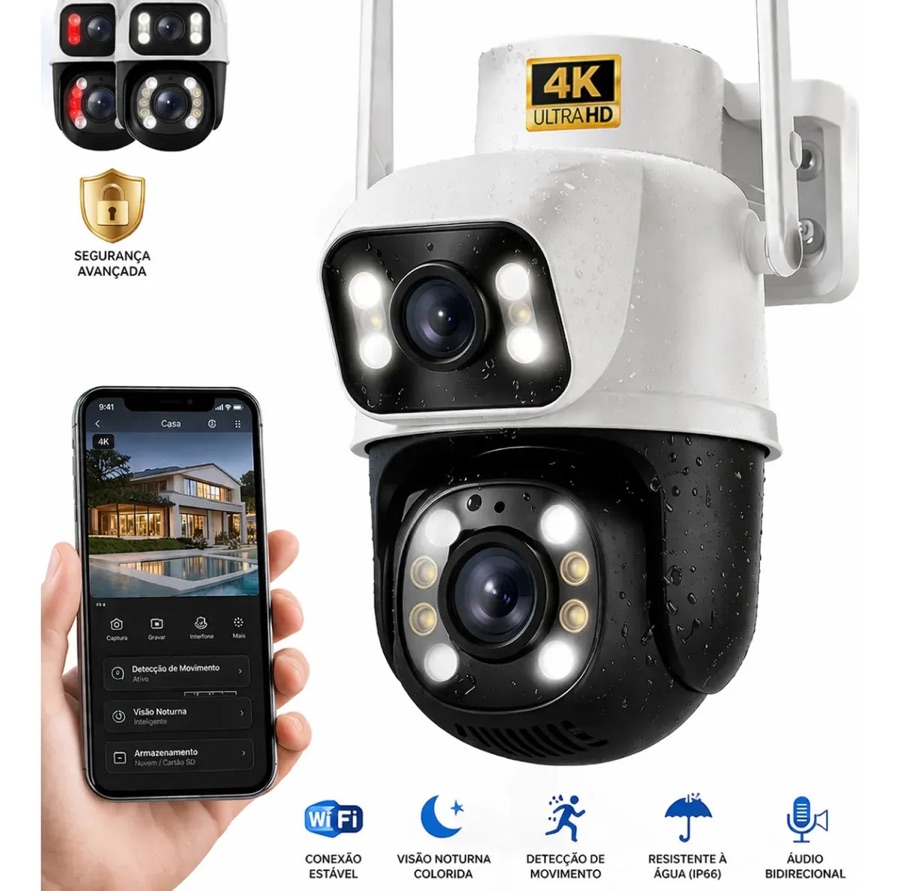 Câmera de Segurança Wi-Fi iCSee/Yoosee A28B 4K Dupla Lente Visão Noturna Colorida Full Hd Externa Prova D'água Ip66 Sensor Movimento Woosh