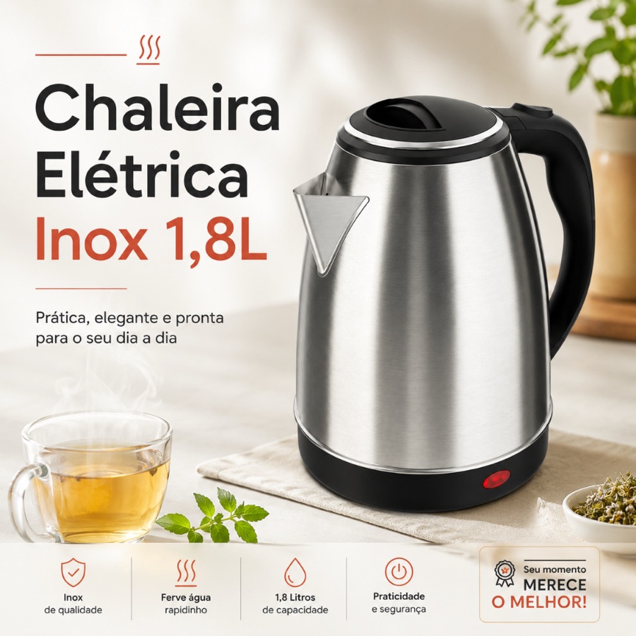 FIX/STARTOOLS Chaleira Jarra Elétrica 110V ou 220V 1.8 Litros Inox Prateada