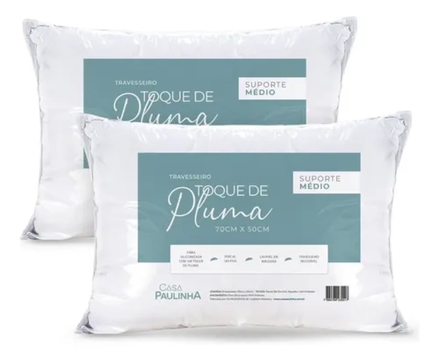 Kit 02 Travesseiros Toque Pluma 70x50 Percal 180 Fios Médio Branco