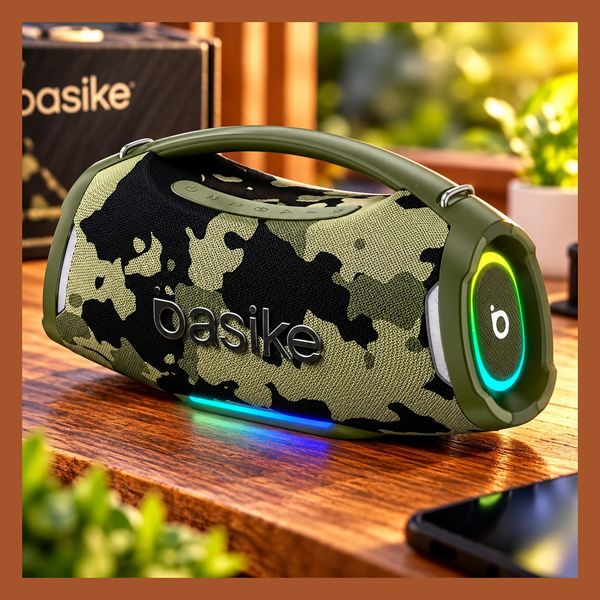 Basike Caixa de Som Estéreo Sem Fio, Boombox 200W, Bluetooth, cor camuflada