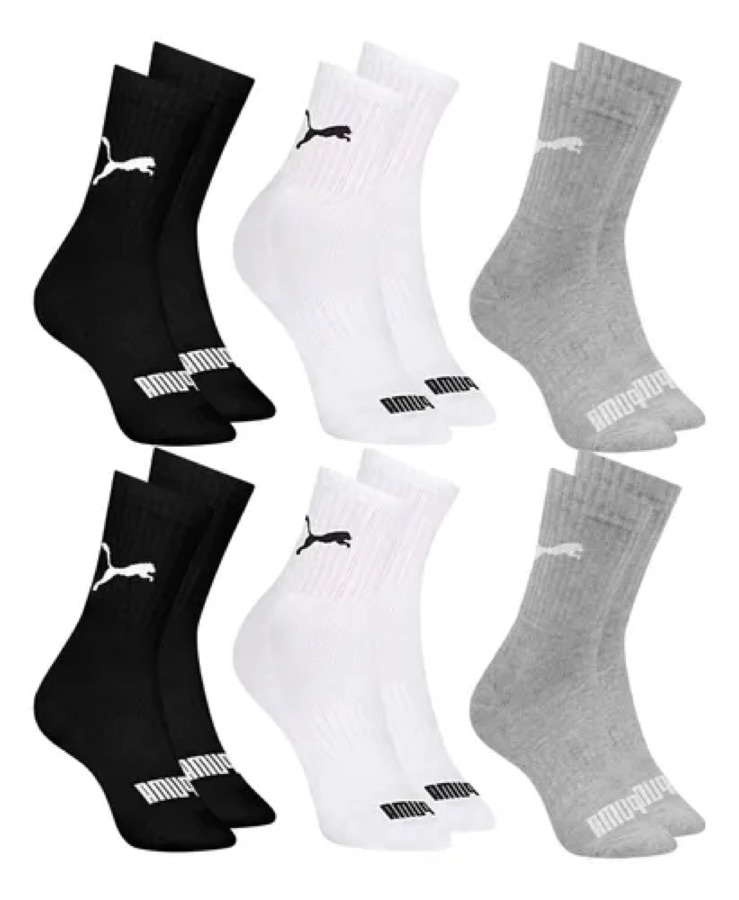 6 Pares Meias Puma Cano Médio Alto Atoalhada Academia Sport