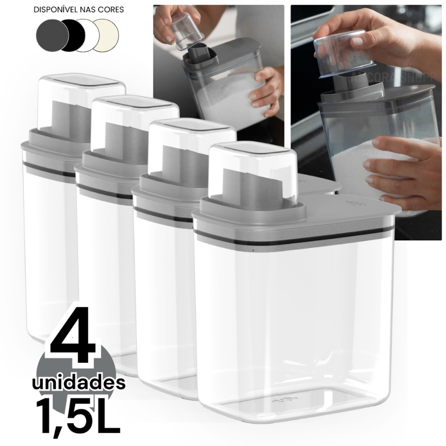 Kit 4un Dispenser Flow 1,5 Litros Porta Sabão Líquido em Pó Amaciante Alvejante Organizador Armário de Lavanderia