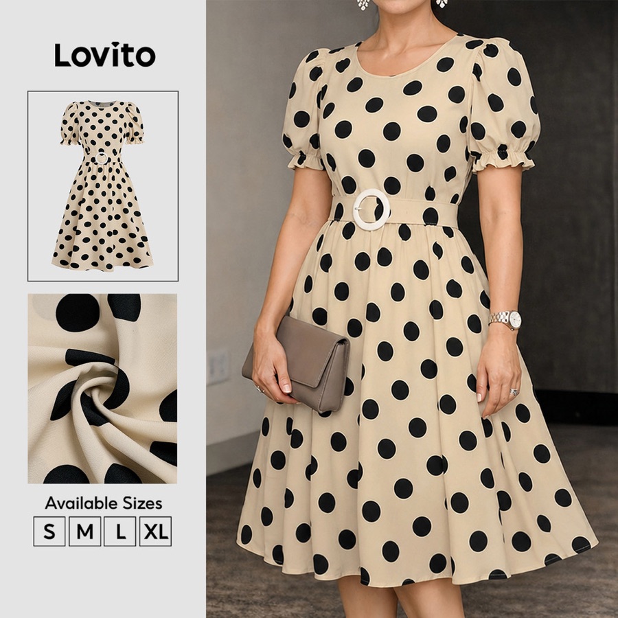 Lovito Elegant Vestido Evasê Até O Joelho Com Poás Zíper E Pompom Cor Apricot Para Mulheres DRB38BR270