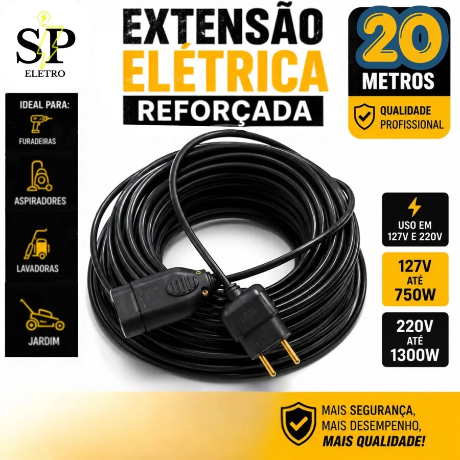 Extensão Eletrica Reforçada 20 Metros Profissional 10/20a Obra Profissional Eletro SP
