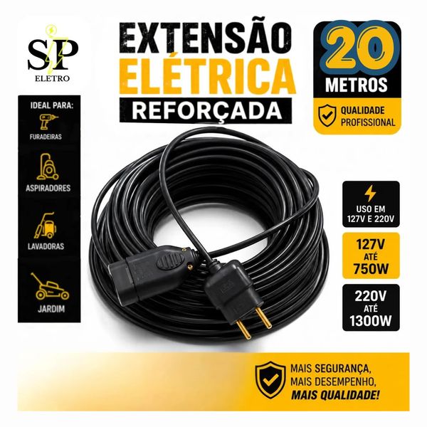 Extensão Eletrica Reforçada 20 Metros Profissional 10/20a Obra Profissional Eletro SP