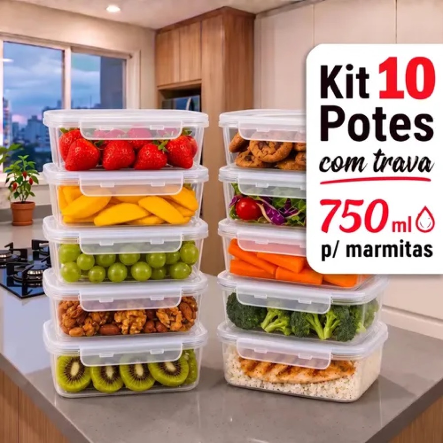 Kit 10 Potes 750ml Com Tampa Trava Plástico Transparente Para Mantimentos E Alimentos Marmita Organizador De Cozinha Geladeira E Freezer Jog